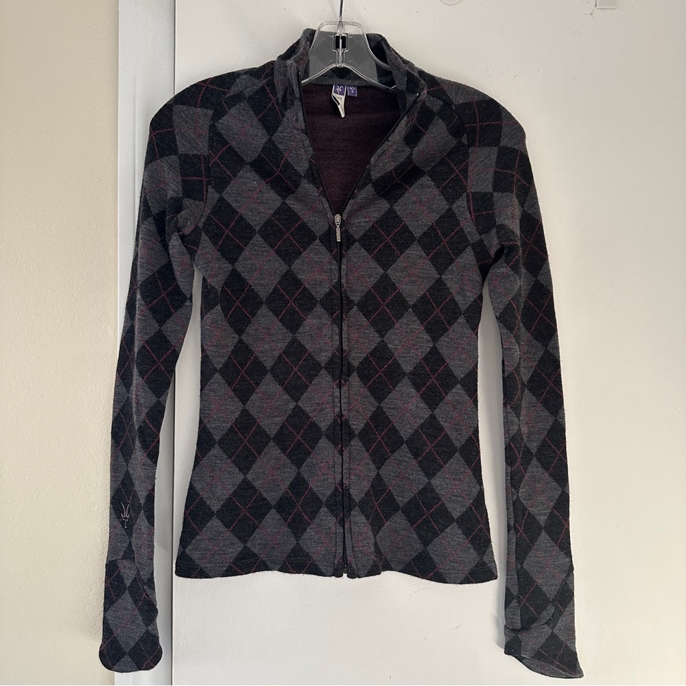 Ibex Juliet Jacquard full-zip cardigan sweater, Multi Grey Argyle, Small